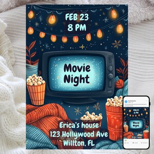 Uitnodiging filmavond, popcornfeest, bewerkbare digitale sjabloon, leuk filmthema, uitnodiging Instant Download, Sleepover Party