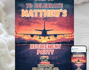 Retirement Party Invitation, Pilot Farewell Celebration, Editable Digital Template, Runway Theme, High-Flying Sendoff Party