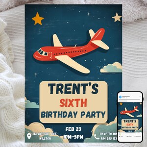Flugzeug-Geburtstagseinladung, Retro-Flugzeug und Papierflieger-Thema, bearbeitbare Kinderparty-Vorlage, lustiges Flugabenteuer, Sofort-Download einladen