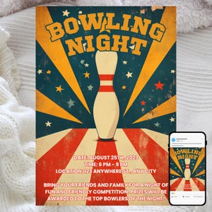 Invitación a una noche de bolos, fiesta de bolos retro, competición divertida, temática de arcade vintage, plantilla digital editable, descarga instantánea