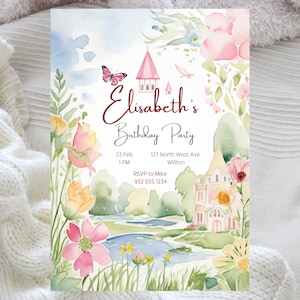 Bearbeitbare Wiesenblüten-Geburtstags-Einladung für eine kleine Mädchen-Vorlage mit Blumen, Schmetterlingen, Wiese, Frühlings-Thema-Geburtstags-Einladung,