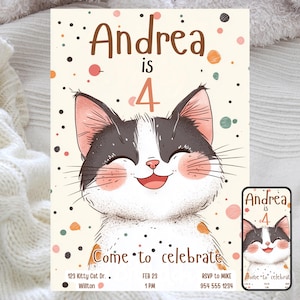 Convite para festa de aniversário de gatinho, comemoração felina fofa, convite de aniversário infantil com tema de gato editável, modelo digital divertido e lúdico