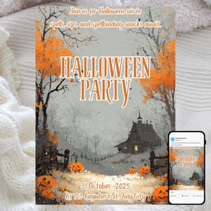 Puede incluir: Invitación a una fiesta de Halloween con una ilustración espeluznante. El diseño presenta una casa embrujada, calabazas y follaje otoñal en tonos naranja y gris. El texto incluye "Halloween Party" y detalles del evento.
