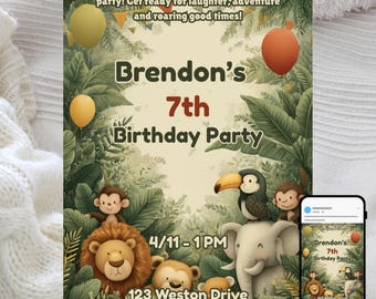 Dschungeltiere Geburtstagseinladung: Bearbeitbare Kinderparty-Vorlage (Digitaler Download)
