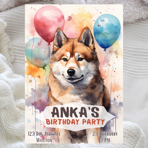 Akita Inu Birthday Invitation Card, Cute Dog Birthday Card, Watercolor Dog Birthday Invitation, Canine Birthday Pawty, Instant Download