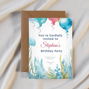 Ocean Theme Birthday Invite, Under The Sea Birthday Invitation,  Watercolor Ocean Animals, Watercolor Sea Décor,  Instant Download