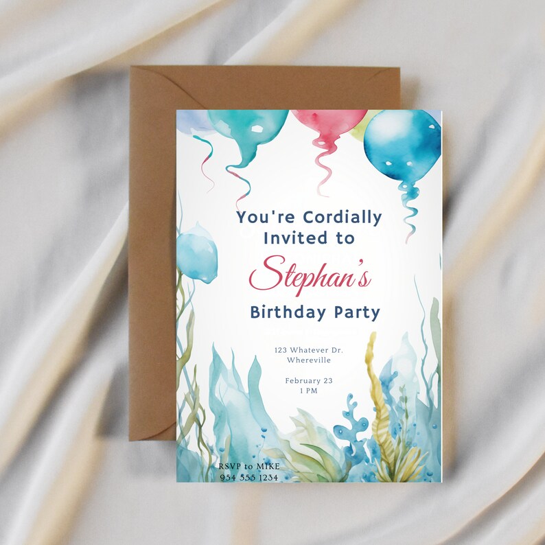 Ocean Theme Birthday Invite, Under The Sea Birthday Invitation,  Watercolor Ocean Animals, Watercolor Sea Décor,  Instant Download