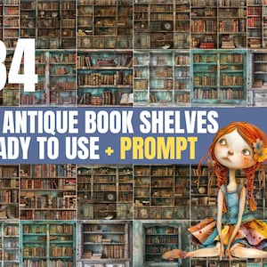 Antique Book Shelves, Midjourney, 34 HQ JPG (300 DPI), Midjourney Prompt, Junk Journal, Prompt Included, Commercial Use, Ready to Use