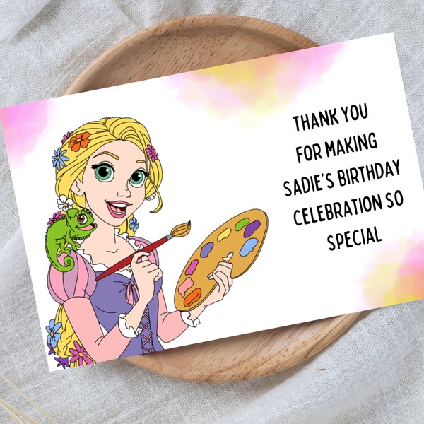 Tangled rapunzel princess birthday thank you card party favour template digital download customisable