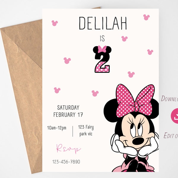 2nd Birthday Minnie Mouse Pink Kids Birthday Invitation