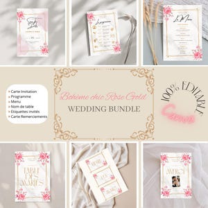 Kit papeterie mariage Bohème Chic – Modèles Canva personnalisables – Rose Gold – Faire-part, menu, programme, marques-places – A télécharger