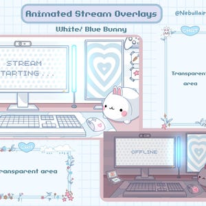 Peut inclure: Des overlays de flux animés sur le thème du lapin blanc et bleu. La conception comprend une configuration informatique avec un moniteur affichant "STREAM STARTING..." et "OFFLINE". Des éléments décoratifs incluent un lapin, des cœurs et des bordures florales.