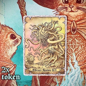 May include: A fantasy card depicting an Eldrazi Spawn with tentacles, set against a gradient background. The card is framed by a decorative border and the text "Eldrazi Spawn 0/1". The image also includes a cat and a rabbit.
