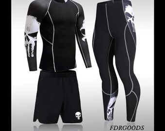 Punisher-Inspired Men's Compression Sportswear Set(3 pieces), Training Apparel, Workout Jogging Ensemble, Running Tracksuit for Men.