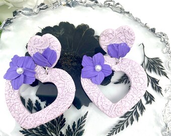 Purple Heart Earrings/ Textured Earrings/ Dangle Earrings/ Clay Earrings /Handmade Jewelry