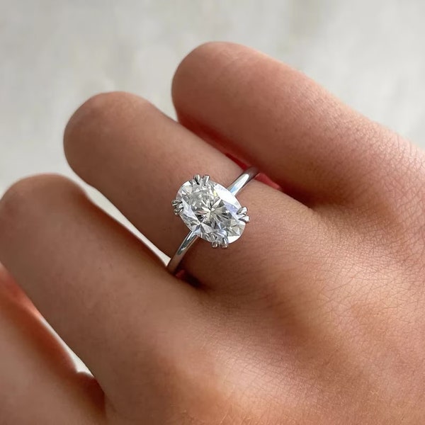 2.00 Ct Oval Cut Moissanite Hidden Halo Engagement Ring, Unique Double Claw 4 Prongs, Solitaire Ring, Dainty Wedding Ring, Pretty Ring