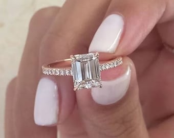 2.00 Ct Emerald Cut Moissanite Engagement Ring, Unique Pave Divergent Ring, Classic 4 Claw Prongs, Wedding Ring, Hidden Halo Solitaire Ring