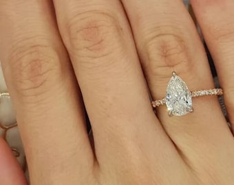 1.50 Ct Perfect Pear Cut Moissanite Ring, Pear Engagement Ring, Unique Two-tone Ring, Pave Bridal Solitaire Ring, Vintage Ring, Bridal Ring