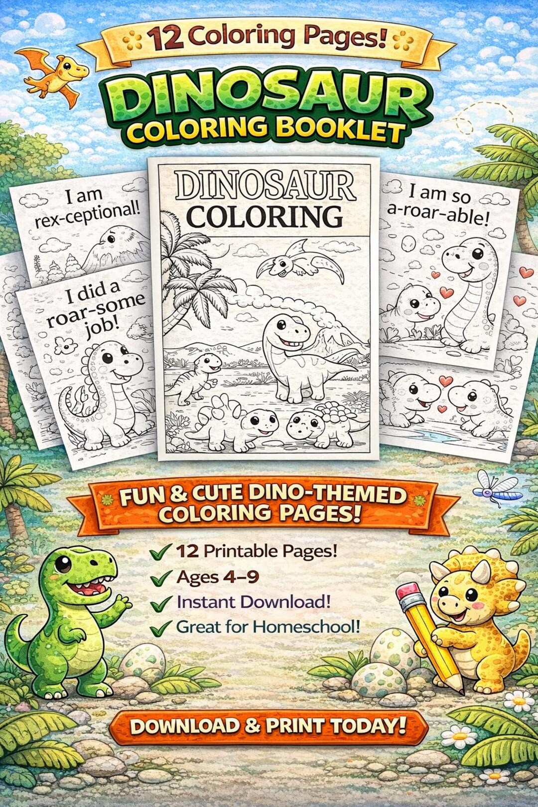 Dinosaur Coloring Pages for Kids | 12 Printable Dino Coloring Sheets ...