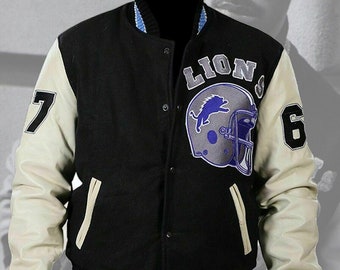 Beverly Hills Cop Jacket Detroit Lions Letterman Wool Leather Sleeves Jacket Men