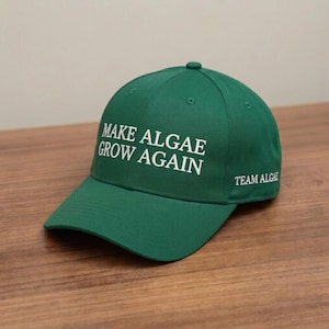 May include: A forest green baseball cap featuring white embroidered text on the front that reads MAKE ALGAE GROW AGAIN. The side of the cap includes additional white embroidered text that reads TEAM ALGAE. The cap has a structured crown.
