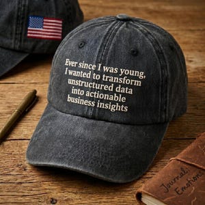 May include: A dark gray baseball cap with the text "Ever since I was young, I wanted to transform unstructured data into actionable business insights" embroidered in white. Another cap with an American flag is in the background.