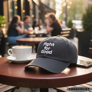 May include: A dark grey baseball cap with the words "Fight for Good" embroidered in white. The cap sits on a wooden table, alongside a coffee cup and a smartphone. The background shows a cafe.
