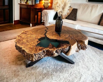 Elm burl coffee table made from solid wood with epoxy resin fillings,  natural shape wooden coffee table crafted from single Elm slab