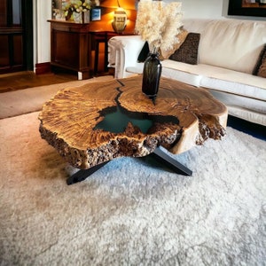 Elm burl coffee table made from solid wood with epoxy resin fillings,  natural shape wooden coffee table crafted from single Elm slab