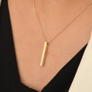 14K Real Gold Bar Necklace, Gold Vertical Bar Necklace , Gold Bar Pendant, Custom Bar Necklace , Personalized 3D Bar Necklace