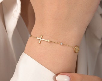 14K Solid Gold Satellite Chain Rosary Cross Bracelet, Beaded Chain Lariat Virgin Mary Cross Bracelet, Gift For Christmas