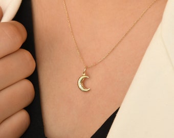 14K Solid Gold Moon Necklace, Gold Moon Necklace, Celestial Jewelry, Crescent Moon Pendant, Gift For Her