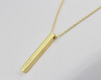 14K Solid Gold Bar Necklace, Gold Vertical Bar Necklace , Gold Bar Pendant, Custom Bar Necklace , Personalized 3D Bar Necklace