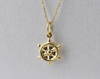 14K Solid Gold Rudder Necklace, Gold Ship Wheel Necklace, Sailor Jewelry, Gold Rudder  Pendant