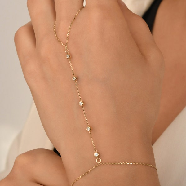 14K 18K Solid Gold Diamond Slave Bracelet, Gold Slave Bracelet, Gold Hand Chain With Diamonds, Hand Chain Bracelet, Summer Jewelry