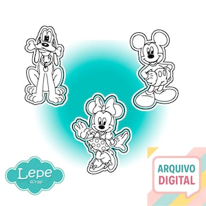Peut inclure: Dessins au trait en noir et blanc des personnages Disney Pluto, Mickey Mouse et Minnie Mouse. Pluto est assis avec un os, Mickey est debout et Minnie fait signe. L'image comprend le texte "ARQUIVO DIGITAL".
