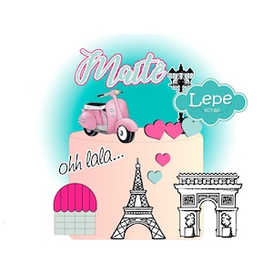 May include: A cake topper design featuring a pink scooter, hearts, and Parisian landmarks like the Eiffel Tower and Arc de Triomphe. The design includes the name "Matte" and the phrase "ohh lala..." in script.