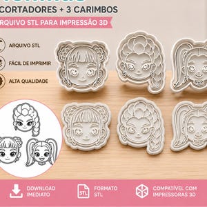 May include: Set of six white plastic cookie cutters in the shape of stylized female faces with different hairstyles. The image also includes text in Portuguese: "3 cutters + 3 stamps" and "STL file for 3D printing."