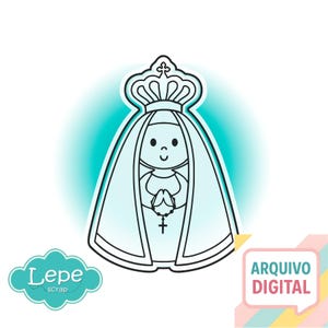 May include: A digital illustration of a religious figure with a crown, veil, and rosary. The figure is outlined in black with a light blue fill, set against a soft blue background. The image includes the text "ARQUIVO DIGITAL" and "Lepe scrap".