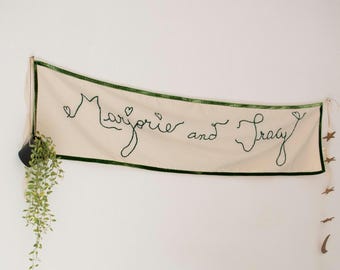 Personalized Wedding Banner with Velvet Trim – Hand Embroidered Couple Name Sign, Boho Rustic Reception Decor, Romantic Keepsake