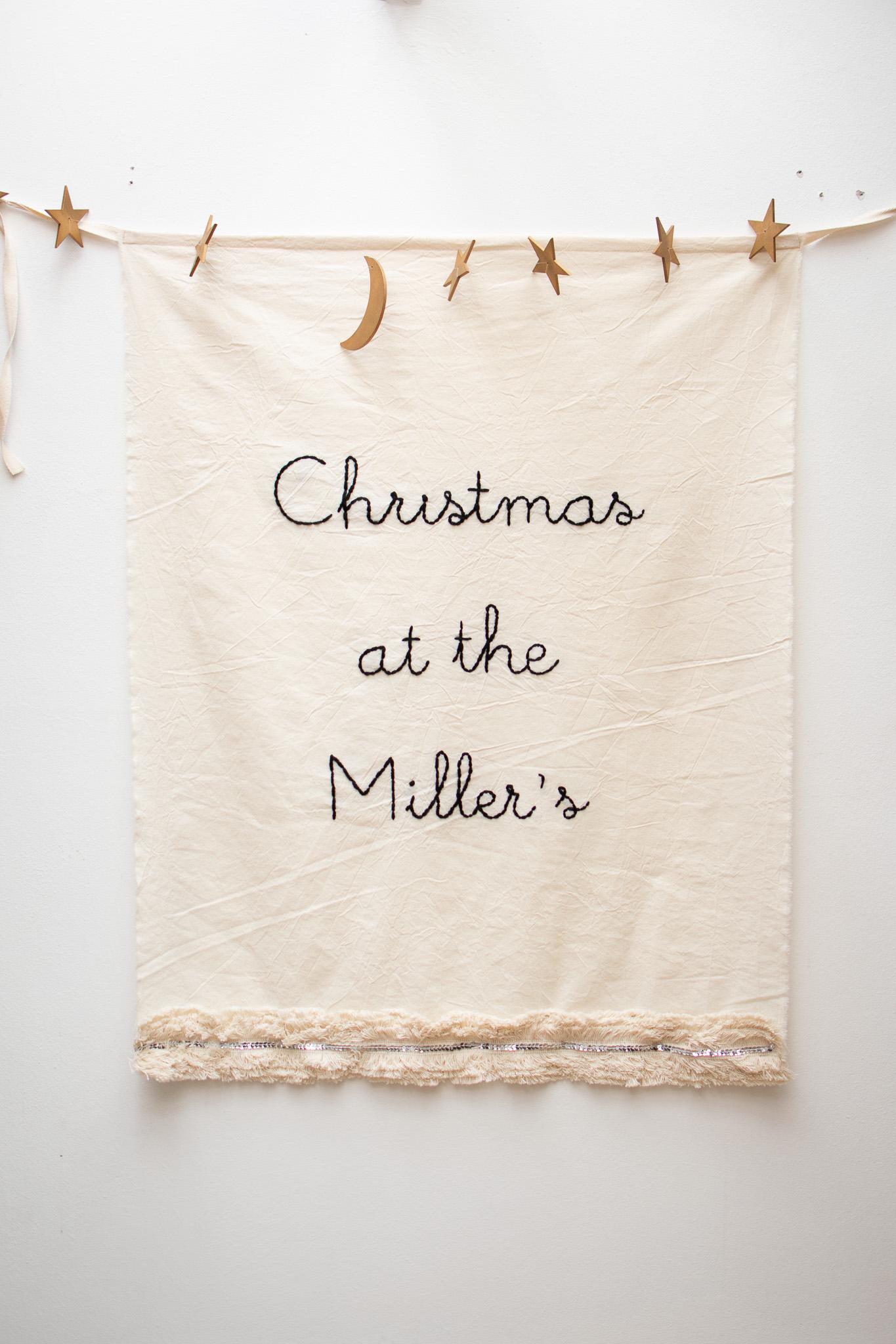 Personalized Christmas Banner Hand-Embroidered | Custom Holiday Wall Hanging with Silver Sequin Detail