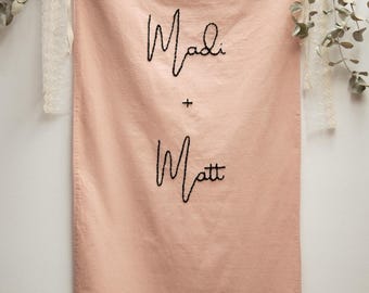 Hand-Embroidered Wedding Banner – Personalized Couple Name Sign, Boho Fabric Backdrop for Unique Romantic Decor