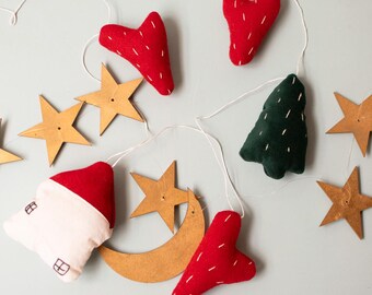 Handmade Christmas Fabric Garland: Embroidered Heart, House & Pine