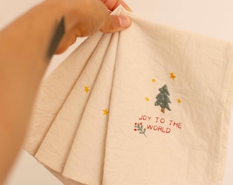Embroidered Christmas Napkins - Set of 4 Cotton Holiday Table Decor