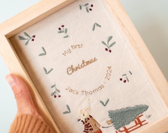 Embroidered First Christmas Ornament: Custom Baby Name, Kiri Wood Frame