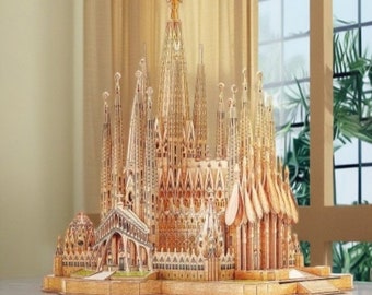 696 pièces éclairage LED Sagrada Familia 3D Puzzle Barcelone monuments assemblage à la main bâtiment modèle décor jouets éducatifs cadeaux d'anniversaire