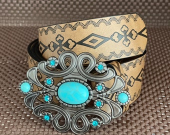 Women Ladies Turquoise Stone Decor Stylish Western Buckle Belt Brown PU Leather One Size