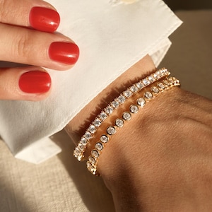 Gold Bezel Moissanite Tennis Bracelet: D/VVS1 Sterling Silver, Wedding Jewelry