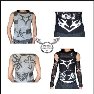May include: Four crocheted tops with different designs and colors. The tops are sleeveless and have a variety of patterns, including a cross, a star, and a geometric design. The tops are made with a combination of black and white yarn.