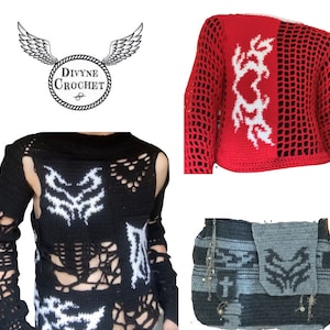 May include: A collection of handmade crochet items. Includes a black and white open-weave top, a red and white crochet sweater, and a gray and black crochet bag with a matching pouch. The logo "Divyne Crochet" is also visible.